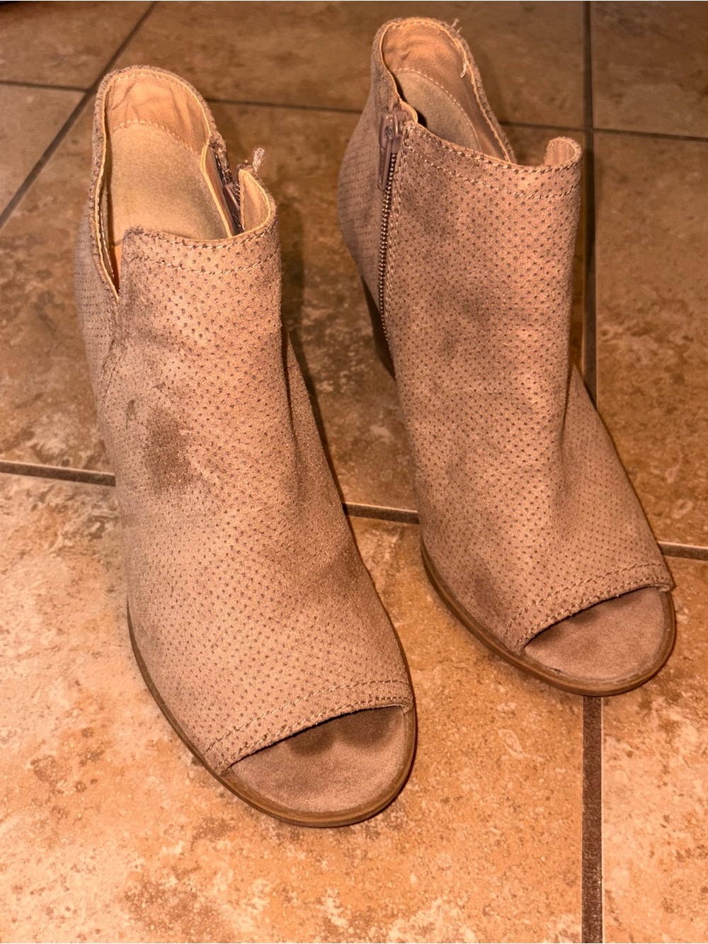 Time and Tru Taupe Peep-Toe Suede Ankle Booties